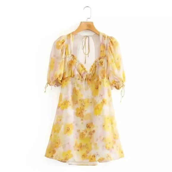 NEW! Sunny Floral Print Puff Sleeve Open Back Mini Dress - Picture 11 of 13